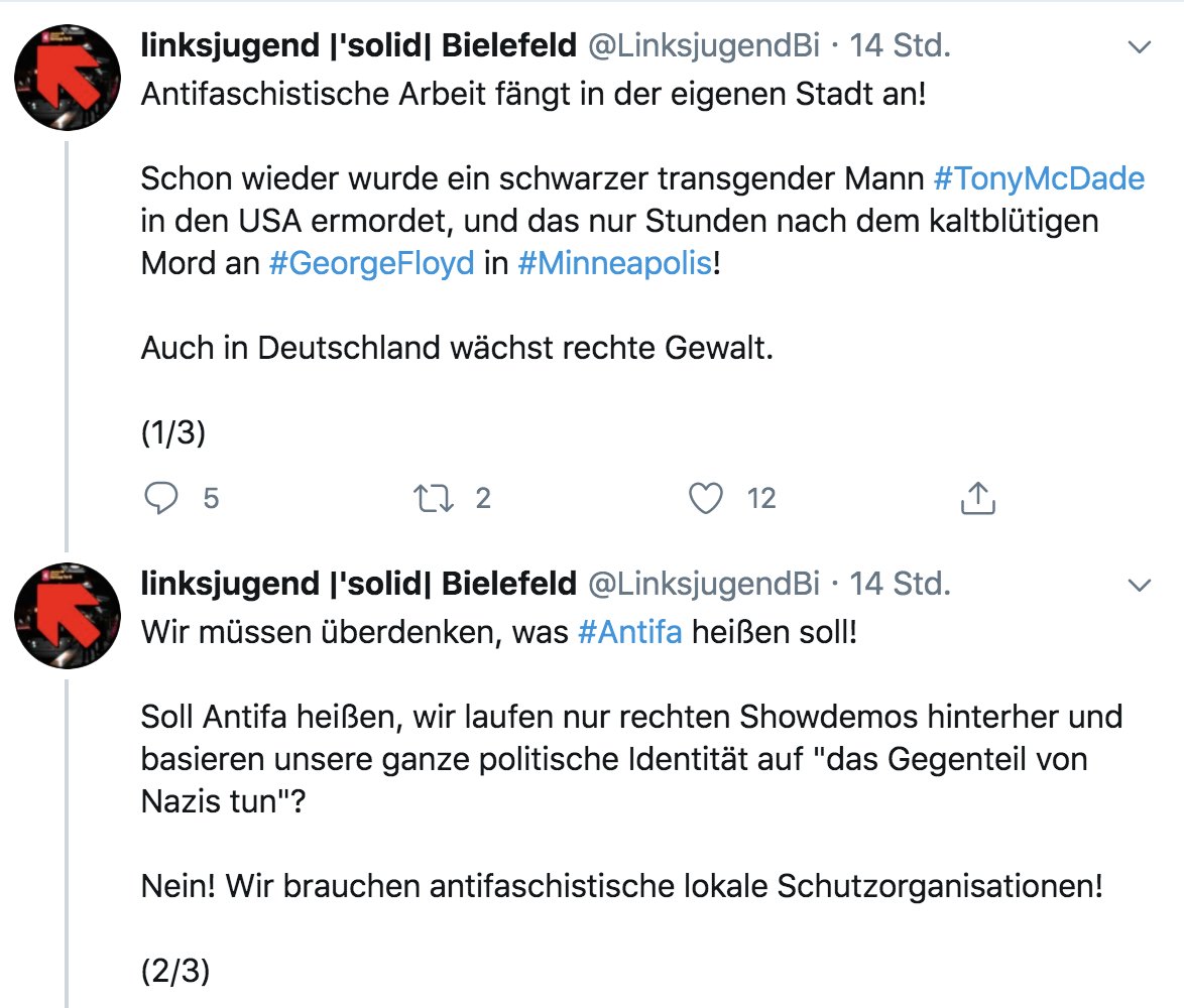Ruebenhorst's tweet photo. Oha. Wenn in Übersee jemand ums Leben kommt, zieht die Stalinjugend Bielefeld daraus also den Schluß, sie müsse sich bewaffnen, den RFB wiedergründen und gegen den Kapitalismus kämpfen. Und der Verfassungsschutz beobachtet derweil die #IBster. https://t.co/scrxo4Xj0U