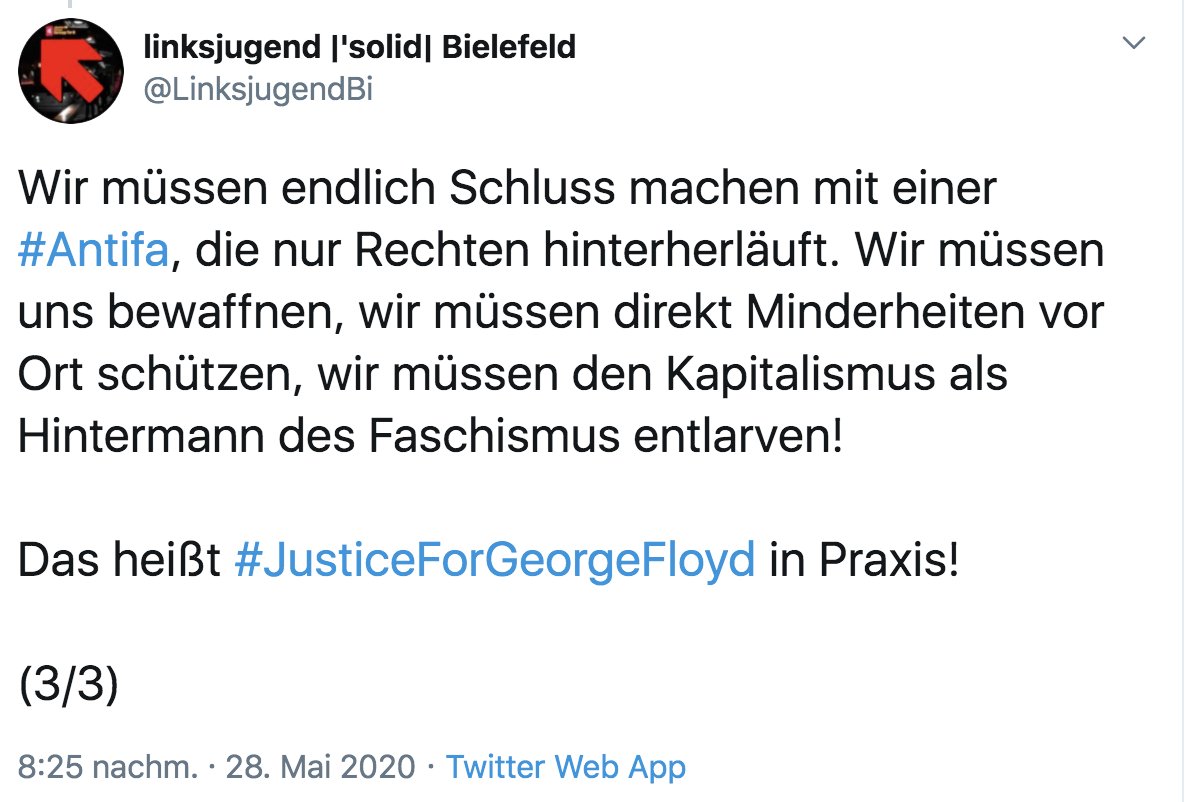 Ruebenhorst's tweet photo. Oha. Wenn in Übersee jemand ums Leben kommt, zieht die Stalinjugend Bielefeld daraus also den Schluß, sie müsse sich bewaffnen, den RFB wiedergründen und gegen den Kapitalismus kämpfen. Und der Verfassungsschutz beobachtet derweil die #IBster. https://t.co/scrxo4Xj0U