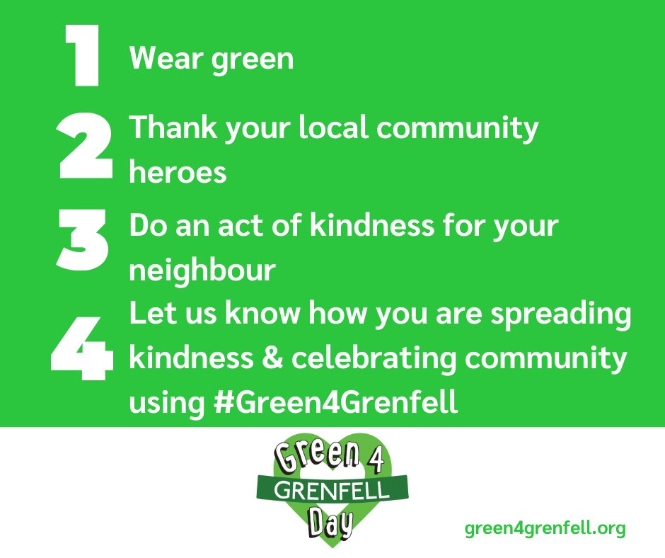 See below 4 simple steps on how to get involved in #Green4Grenfell event 8-12 June 💚 <a href="/GrenfellUnited/">Grenfell United</a> <a href="/officialJ4G/">Justice4Grenfell</a> <a href="/KOTG_W11/">KOTG CIC</a> <a href="/SolidaritySport/">Solidarity Sports</a> <a href="/CornwallHugs/">CornwallHugs</a> <a href="/McrCladiators/">Manchester Cladiators</a> <a href="/ukcag/">UK Cladding Action Group</a> #Green4GrenfellDay #communityspirit #InThisTogether