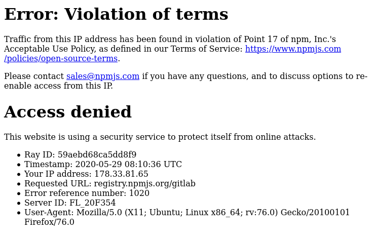 flogisoft's tweet photo. Hey @npmjs, you just blacklisted all @OVHcloud IPs on your API... It is a cloud provider and a French ISP... Please fix this ! 😰 https://t.co/VO6ENDsnYO