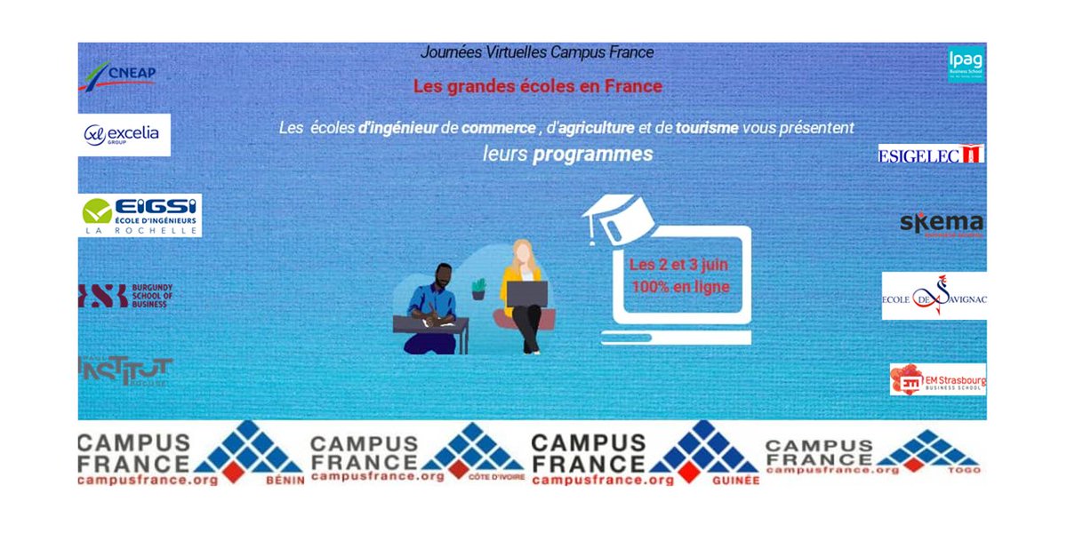 #OnEstEnsemble #OnVousAttend 

Les #JournéesVirtuelles <a href="/CampusFrance/">Campus France</a>
 Grandes Écoles en France 2 &amp; 3 juin en live sur <a href="/clickmeeting/">ClickMeeting</a> 

Avec <a href="/IPAGBS/">IPAG Business School</a> <a href="/BurgundySB/">BSB - Burgundy School of Business</a> <a href="/CneapEc/">CNEAP</a> <a href="/GroupeESIGELEC/">ESIGELEC</a> @InstitutPBocuse <a href="/SKEMA_BS/">SKEMA Business School</a> <a href="/EIGSI/">EIGSI - École d'ingénieurs</a> @ExceliaGroupLR <a href="/ecoledesavignac/">Ecole de Savignac</a> <a href="/EMStrasbourg/">EM Strasbourg (FR)</a>