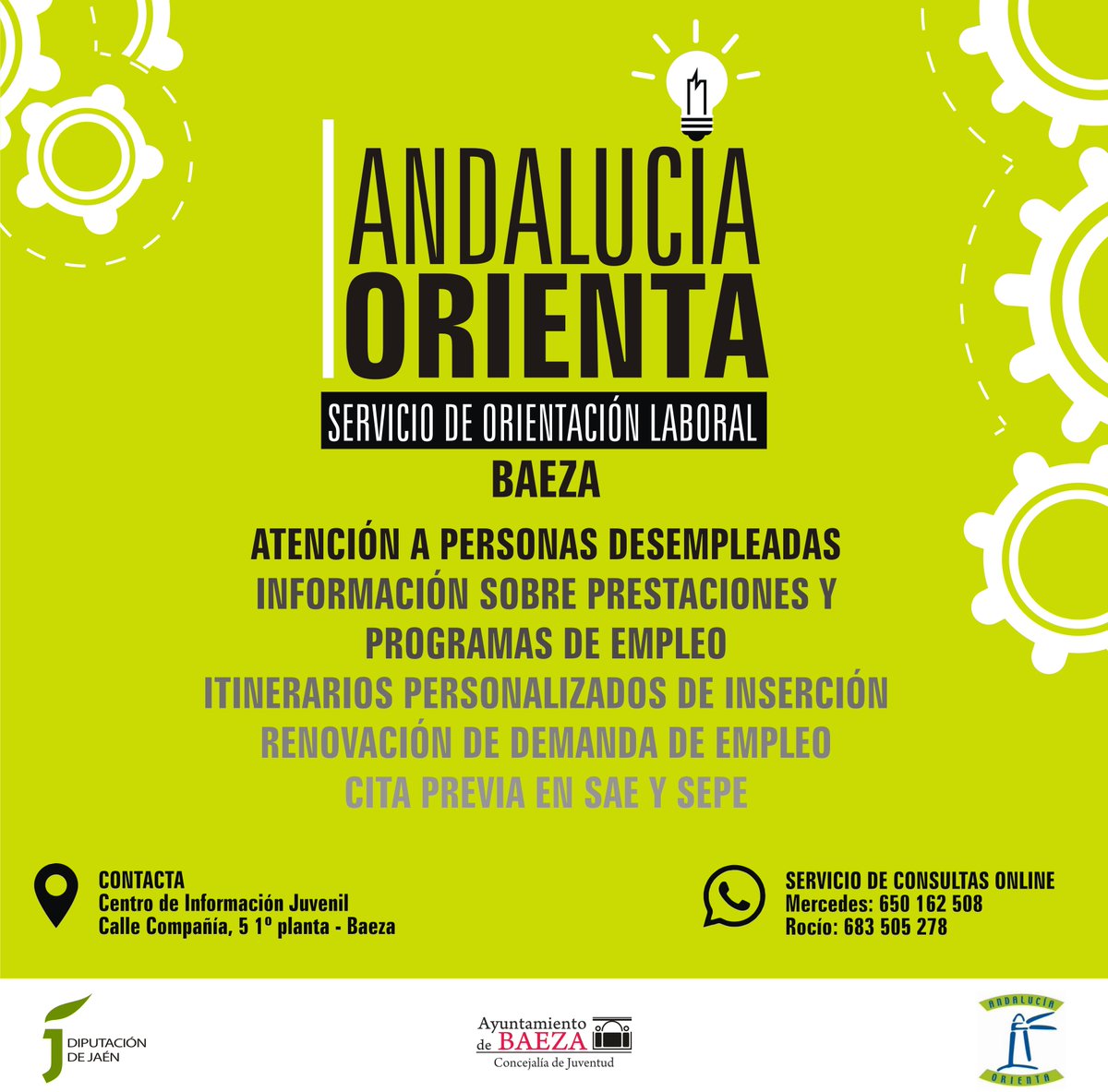 ¿Necesitas atención personalizada? ¿Información sobre prestaciones? ¿Renovación de la demanda o cita previa? 

📢 Utiliza el Servicio de Orientación Laboral #AndaluciaOrienta de #Baeza

☎️ CONSULTAS ONLINE WHATSAPP
(Horario de mañana)
Mercedes: 650 162 508
Rocío: 683 505 278