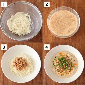 ラク速レシピのゆかり Toroaクリエイティブディレクター ごまドレッシングが余った時にもおすすめなレシピです 牛乳 無調整 豆乳でもおいしいです 1人分です 素麺は1 5束 75g を茹でて流水で洗って水気を切りました 素麺 うどんでも