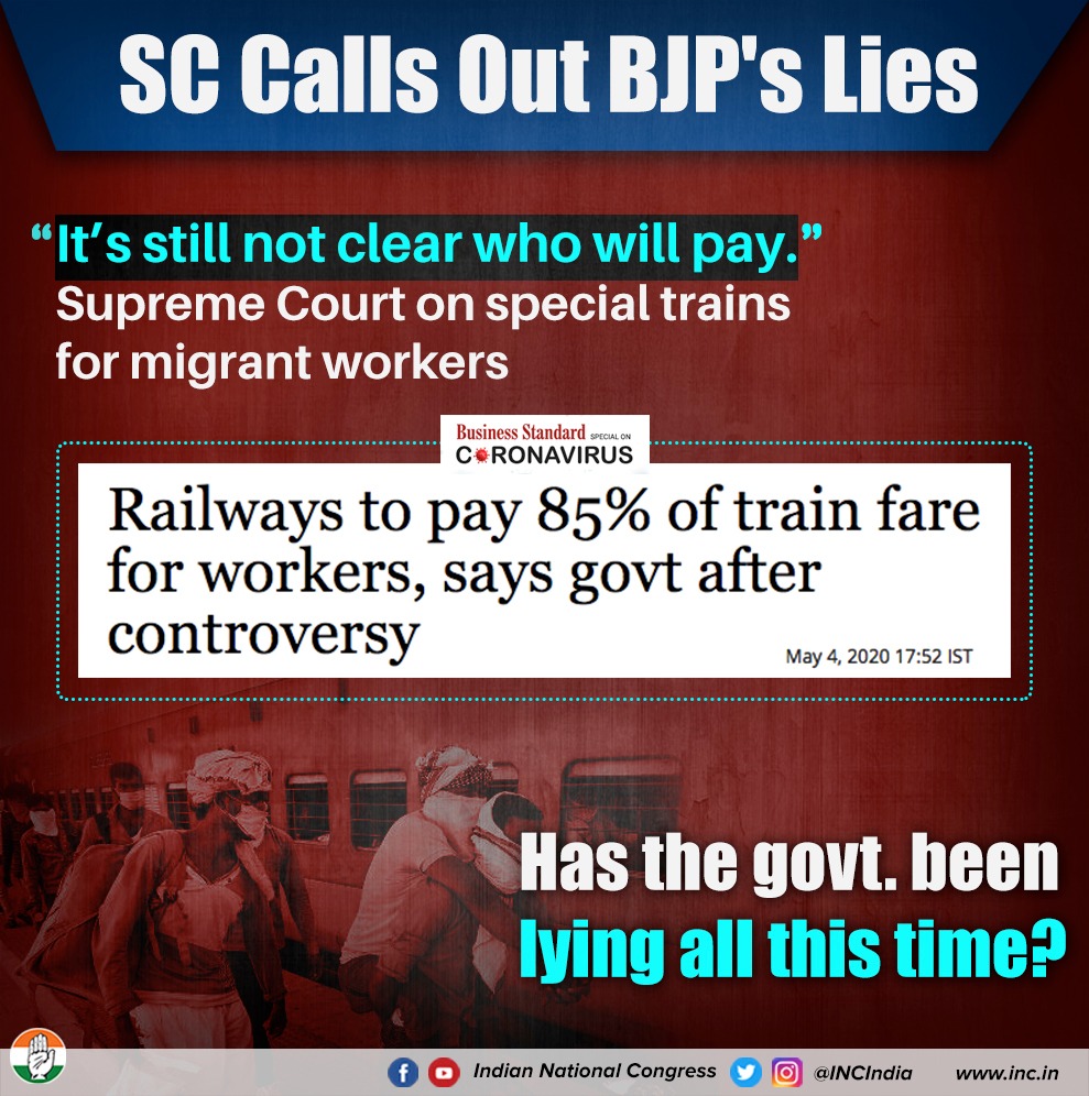 INCIndia's tweet photo. No one can deny that BJP Govt has turned into a pathological liar. This time a lie on the train fare for migrants was caught by the SC.

#भ्रष्टाचारीBJP https://t.co/ozZm1h35wK
