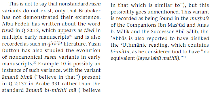 But it was  @therealsidky who pointed out in his review of the book the significance of this variant in relation to reports of companion codices. This variant is reported for Ibn Masʿūd and ʾAnas b. Mālik! Was it imitating those? https://www.academia.edu/40931921/Daniel_Alan_Brubaker_Corrections_in_Early_Qur%CA%BE%C4%81nic_Manuscripts_Twenty_Examples_Lovettsville_Think_and_Tell_Press_2019_