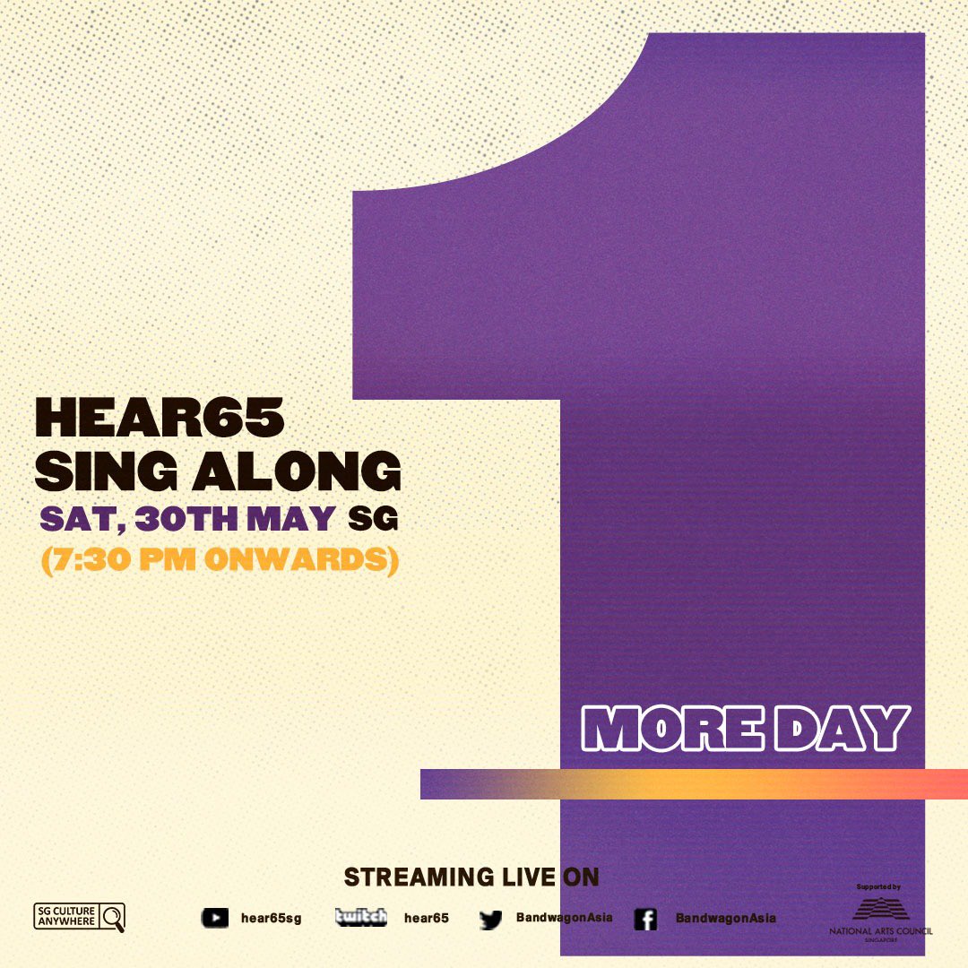ONE MORE DAY to the Great Singapore Sing Along with <a href="/hbbbsband/">HubbaBubbas</a>, @Ohmymeiting &amp; <a href="/Goosebandsg/">Goose</a>, <a href="/Sammirui/">Sammie 王思睿</a>, and @M1LDL1FE. Start prepping your after-dinner spots and get your mics ready🥇 #Hear65 #SingAlongSG #SGCultureAnywhere