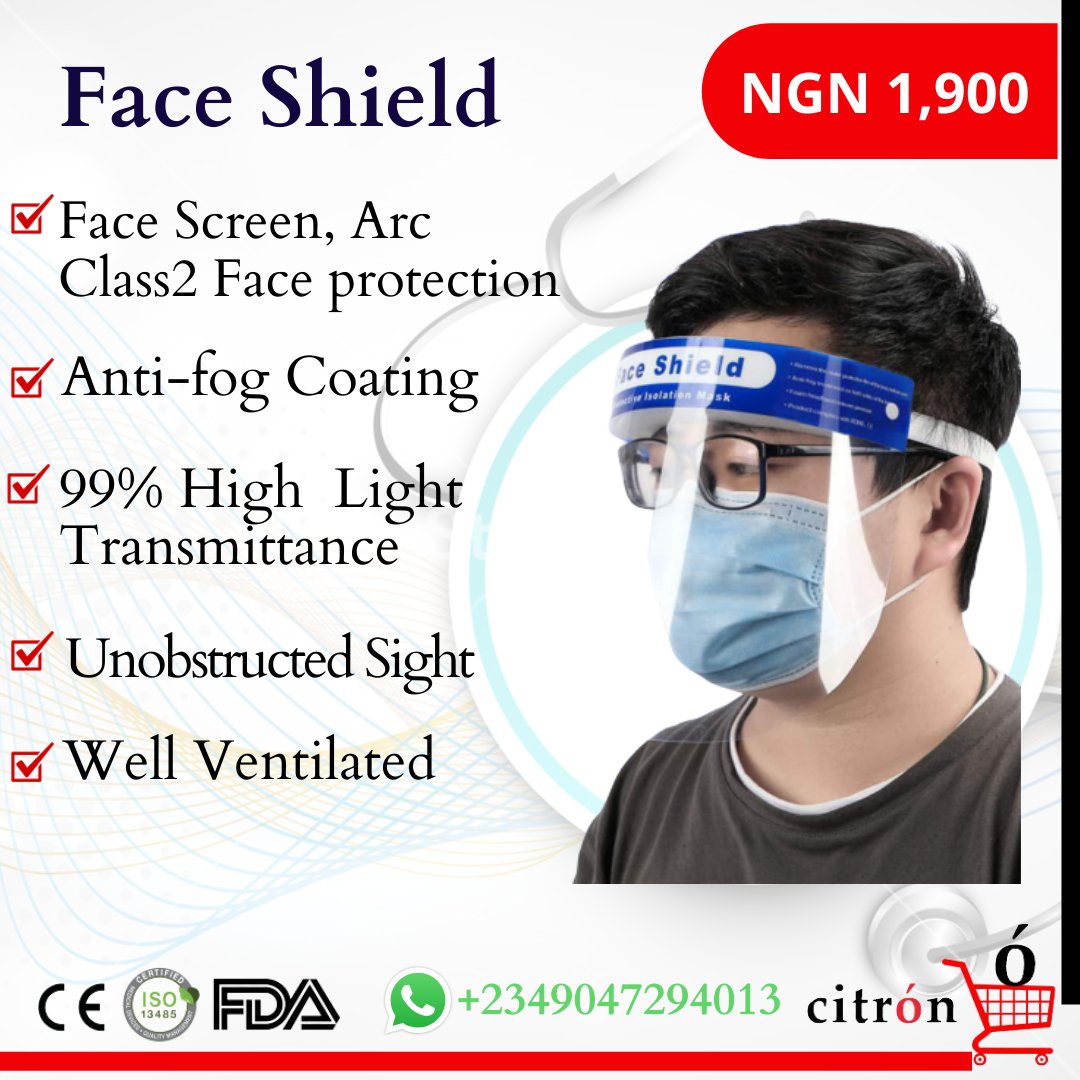 CitronMart's tweet photo. Face shield available @N1,200  @ N1,900  per pack of 10 pcs
Features
1.Anti-fog coating
2.99% High light transmittance
3.Unobstructed sight
4.Well Ventillated
Send DM or Whatsapp 09047294013; Email: info@citronmart.com
#PPE #faceshield #covid19kits #lockdownextension  essentials https://t.co/9rvH2NTbho