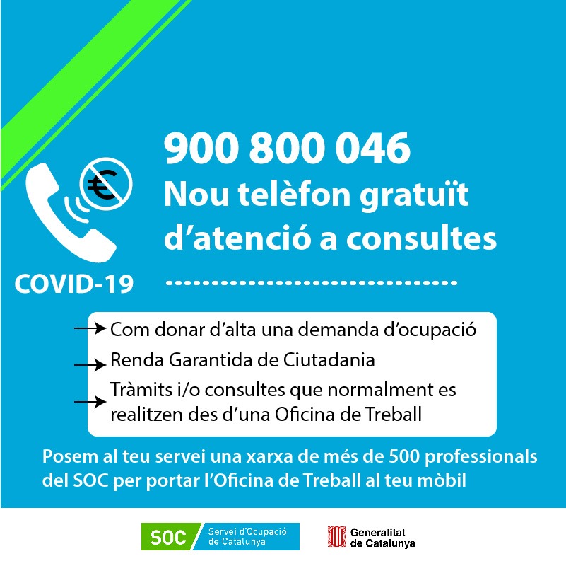 📱Tens a la teva disposició el telèfon gratuït d’atenció del #SOC. 👇
9️⃣0️⃣0️⃣ 8️⃣0️⃣0️⃣ 0️⃣4️⃣6️⃣

📅 De dilluns a divendres feiners.
⏰ De 8h a 14h.

ℹ Pots donar-te d'alta i fer qualsevol tràmit o consulta que feies a la teva Oficina.

ℹ També t'informem sobre la Renda Garantida.