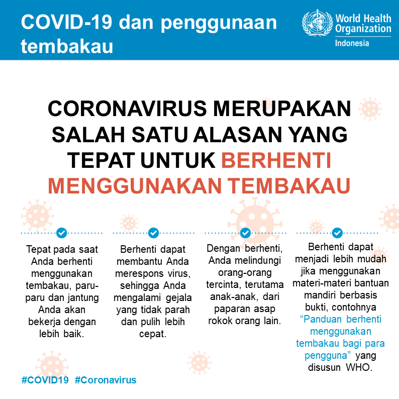 WHOIndonesia's tweet photo. #Coronavirus merupakan salah satu alasan yang tepat untuk berhenti menggunakan tembakau. Mengapa? Karena dampak #COVID19 dapat lebih parah bagi mereka yang menggunakan tembakau. 

#TobaccoExposed #WorldNoTobaccoDay #NoTobacco #HTTS2020 https://t.co/Ufy0WKDOOu