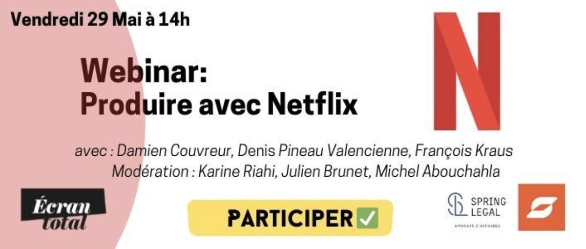 Ecran_Total's tweet photo. En accès libre.
Organisé en partenariat avec #SetKeeper et #SpringLegal, le neuvième webinar d'Ecran total aura lieu aujourd'hui à 14 heures. Il aura pour sujet central la production avec #Netflix.
Les inscriptions gratuites et ouvertes : https://t.co/q8KLXPOW2u https://t.co/JFagraIrUb
