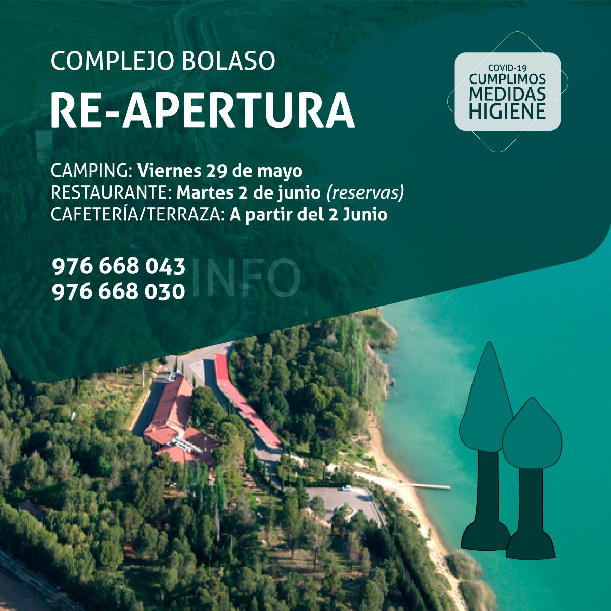 📣¡ESTAMOS DE VUELTA! 🏕️
A partir de HOY viernes 29 de Mayo reiniciamos nuestra actividad cumpliendo medidas establecidas.
📆#Camping🏕️ 29 mayo
📆#Restaurante #Cafetería y #Terraza🍽️ 2 junio👉 reservas ☎️ 976668030
¡Nos vemos pronto, familia!!❣️
Más info:👉bolaso.es