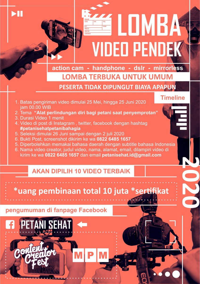 budisangbasiyo's tweet photo. Monggo lur..
LOMBA VIDEO PENDEK
Berhadiah dana pembinaan, total sebesar 10jt rupiah! 🙌🏼
Thema: “Alat Perlindungan Diri Bagi Petani Saat Penyemprotan”
Peserta tidak dipungut biaya apapun aka GRATIS! 👍🏼
#ContentCreatorFest #MPM https://t.co/vTSUW1TgM4