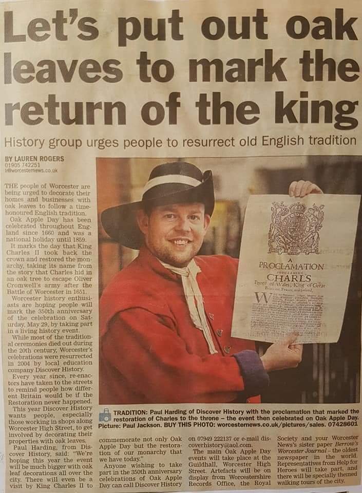DiscoverhistPH's tweet photo. Happy #OakApple Day.We brought the celebration back to Worcester in 2003.Take a Selfie of you wearing Oak Leaves and tweet us #OakApple360 @worcestermuseum #WorcestershireHour @WorcesterTIC @Monarchsway @bbchw @worcesternews #CivilWarCity @WorcCathedral @myworcester #monarchy https://t.co/91xRaPZ75c