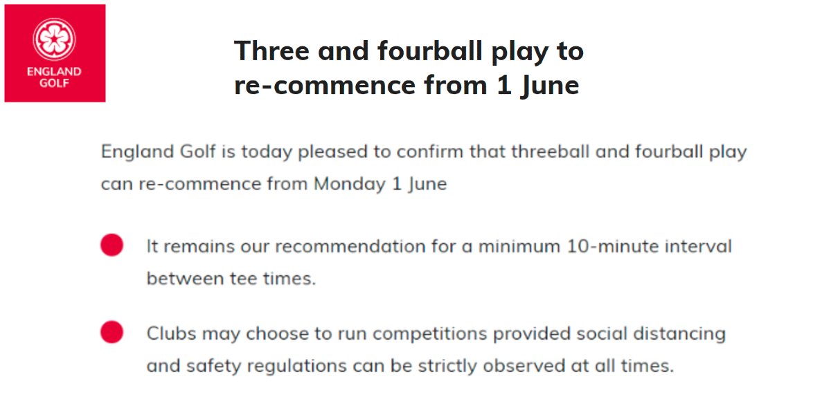 England Golf is today pleased to confirm that threeball and fourball play can re-commence from Monday 1 June.

Read the full statement including updated guidance on competitions, tee intervals and coaching here: englandgolf.org/three-and-four…