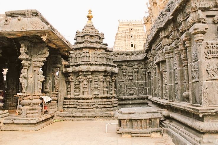 It could be the sapta swaranga musical pillars in front of the Vishnu shrine (very similar to the musical pillars of the Vittala temple at Hampi), the beautiful carvings on the ceilings (very similar to the Hoysala style) or the epics depicted on walls(4/5)