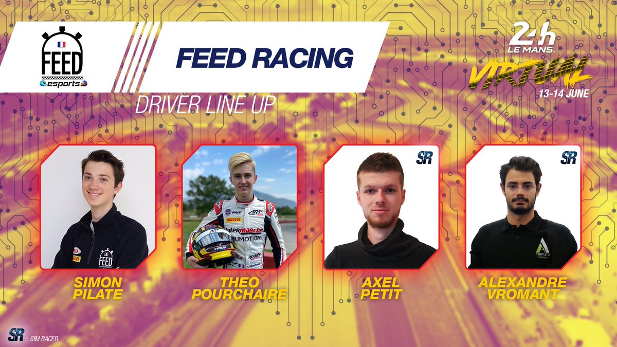 👉Let's welcome <a href="/FEEDRacingFR/">FEED Racing</a>' lineup, composed of : 

➡️ Simon Pilate 
➡️ <a href="/TPourchaire/">Théo Pourchaire</a>
➡️ <a href="/3A_Axel/">Axel Petit</a> 
➡️ Alexandre Vromant 

#LeMans24Virtual #LeMans24 #WEC