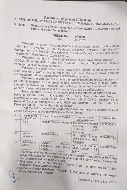 AsianNewsHub's tweet photo. █▓▒░Asiannewshub®░▒▓█
#NEW | #Hugam, #Batkoot #Pahalgam, #shamsipora #Mattan declared as #redzones by DM #Anantnag. To prevent the spread of #coronavirus. https://t.co/iPQKFP1GEI