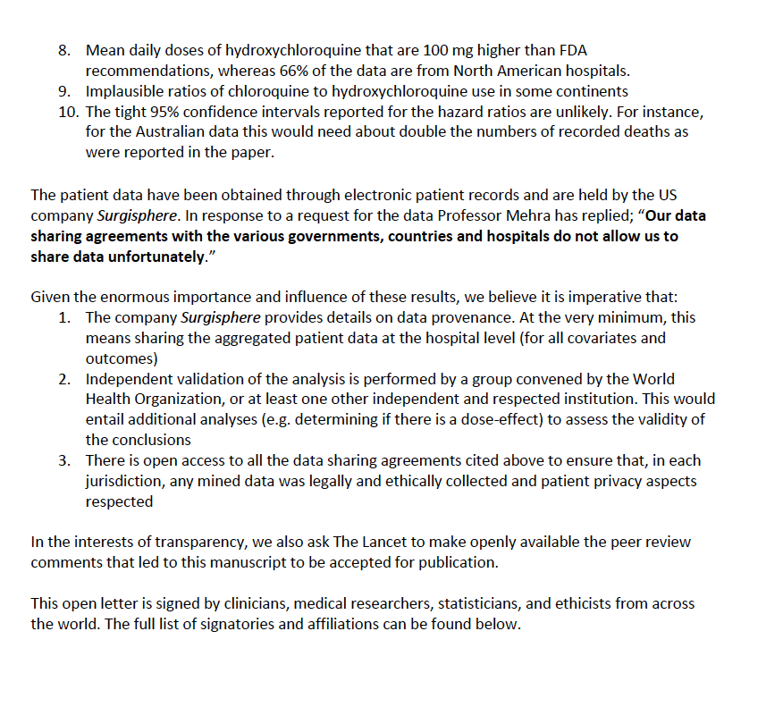 These are fair & important concerns regarding the observational study published in  @TheLancet last week on 90,000  #COVID19 patients treated with  #HydroxyChloroquine showing no efficacy for  #COVID19. More transparency is definitely more than welcome  https://zenodo.org/record/3862789#.XtBc9a2B2gT