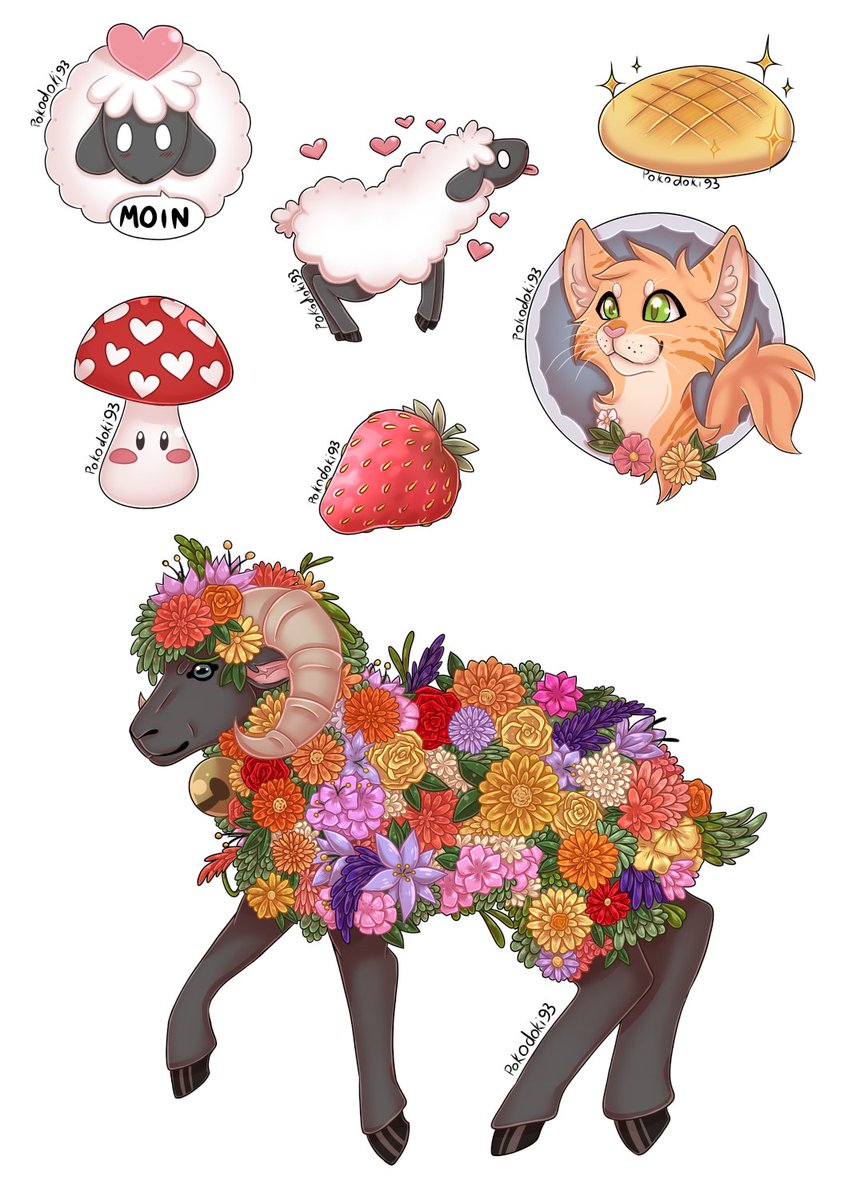 Here some finished stuff 💚 #digital #digitalart #sheep #cat #flowers #digitalartist #mangaart #animeart #comicart #animalart #ocart #oc #originalcharacter #digitalartwork  #animalartwork #mushroon #chibi #cuteart #cuteanimalart #cuteart #flowerart #strawberry