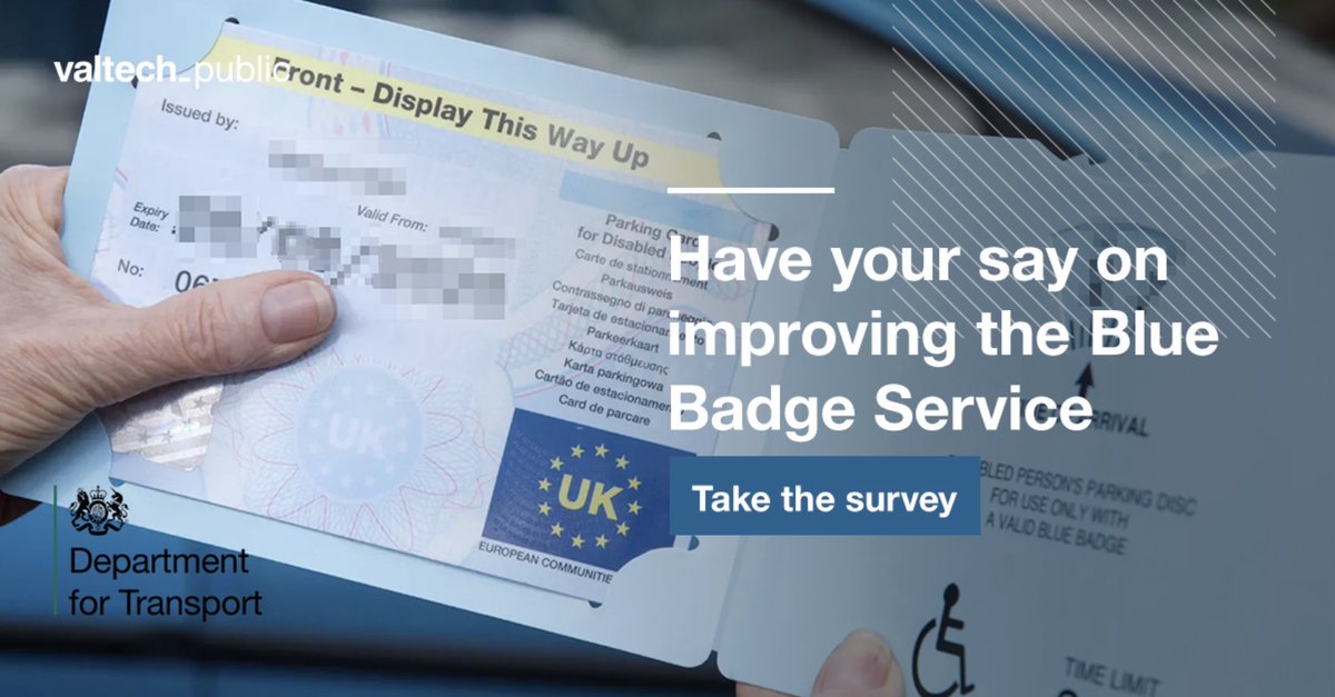 Know anyone that has, or cares for someone who has had a Blue Badge for a minimum of 3 months?
We need their say to help us shape future improvements to the service with <a href="/transportgovuk/">Department for Transport</a> Take our survey: bit.ly/3esvsBC #ukaccessibility #disability #BlueBadge