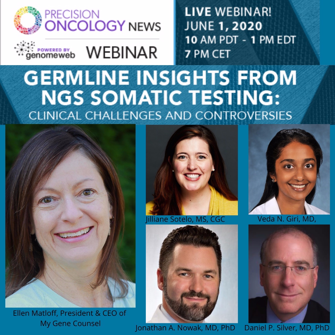 Next week on June 1st, @GenomeWeb will be hosting a fantastic expert panel to discussing opportunities, & controversies related to informing clinicians, and cancer patients of potential germline insights after receiving #somatictesting #GcChat Register: ow.ly/3Gu650zRh52