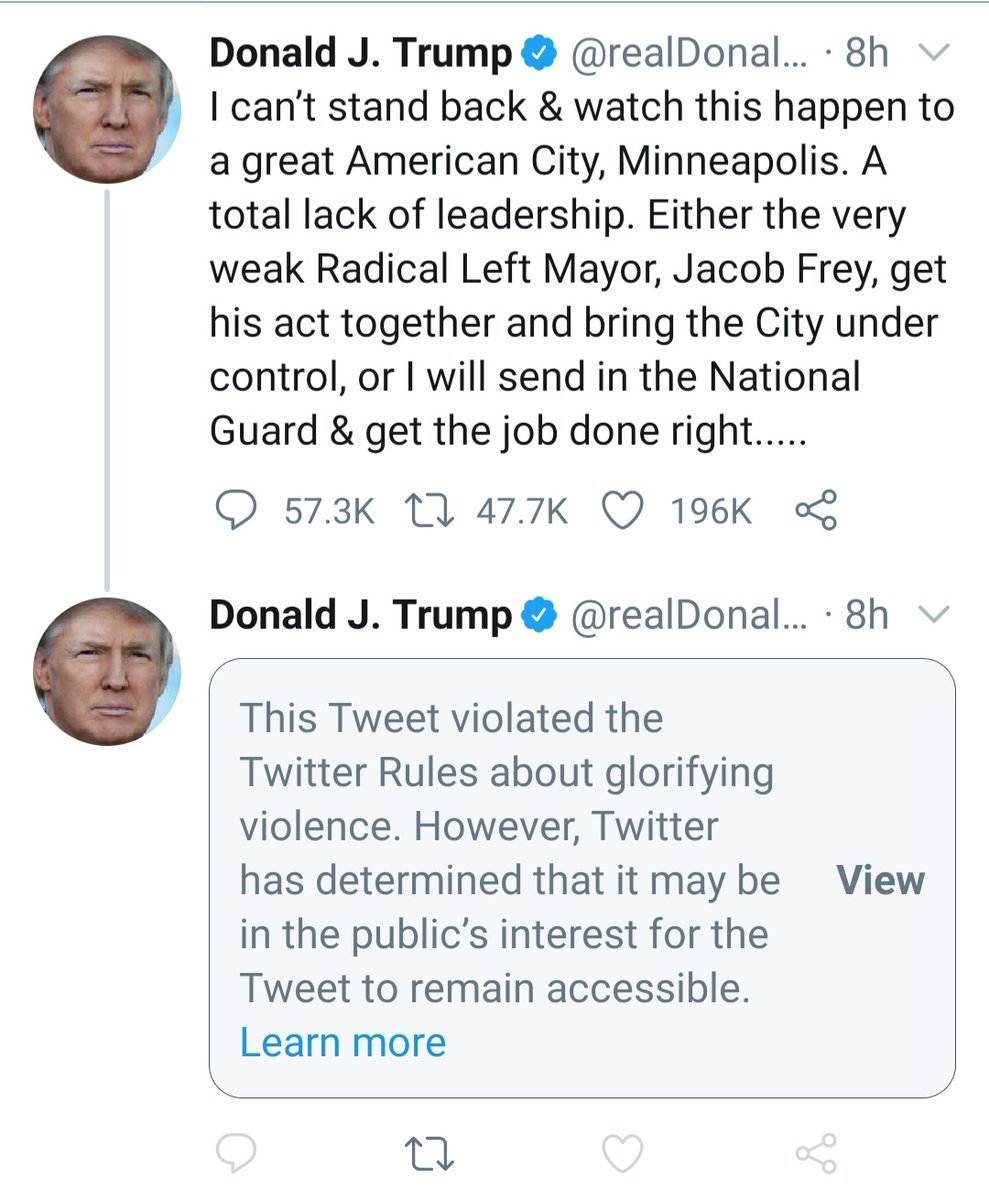 rednfiery's tweet photo. I saw #PresidentBaby's violence-inciting tweets when he posted them last night. Insufficient as it is, @Twitter has taken *some* action against him since then. Not nearly enough, but still I guffawed when I saw this this morning. #donaldisoverparty https://t.co/ATacc48eIg