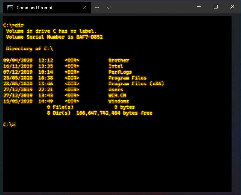 lewiswalsh's tweet image. How could I not configure my Command Prompt profile to be an old amber display with scanlines in a 4:3 ratio? #WindowsTerminal #Windows10May2020Update