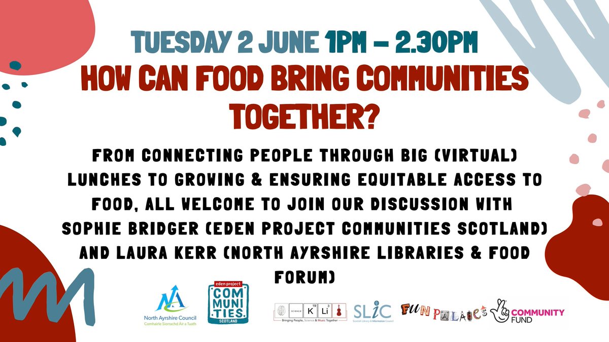 FunPalacesScot's tweet photo. How can food bring communities together?

All welcome to join our discussion Tuesday 1pm:

🍲💻Connecting people through the #BigVirtualLunch with @SophieBridger @EdenCommsScot 

🌱📚Building relationships &amp; food access with @laurakerr1988 @NACLibraries

👉https://t.co/Cjthd5DJtL https://t.co/TaGsxUSD4F