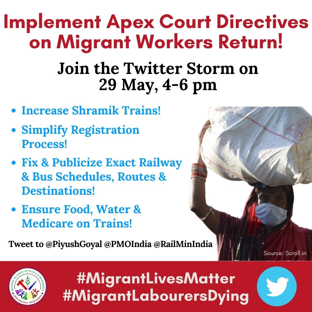 Directives of the Supreme Court dt. 28th May, 20201. No fare either by train or bus shall be charged from any migrant workers. The railway fare shall be shared by States as per their arrangement as submitted by the SG.  #MigrantLivesMatter #MigrantLabourersDying