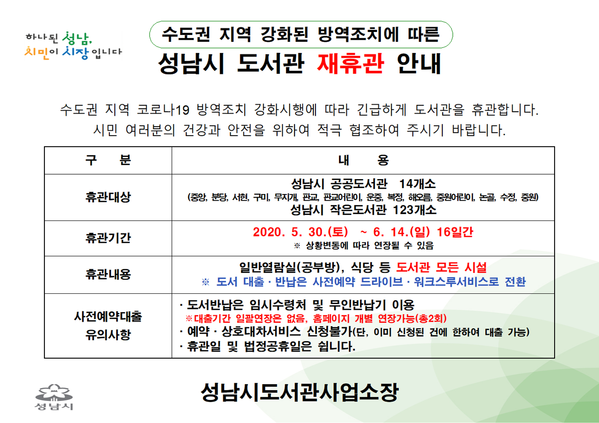 snbdlib's tweet image. #성남시
#분당도서관
#긴급휴관안내

수도권 지역 코로나 19방역조치 강화시행에 따른
성남시 공공도서관 재휴관 
안내기간 : 20.5.30.(토)~6.14.(일) 09:00~18:00️
도서대출은 사전예약드라이브스루 이용하시기 바랍니다! 
도서관홈페이지: vo.la/Dius