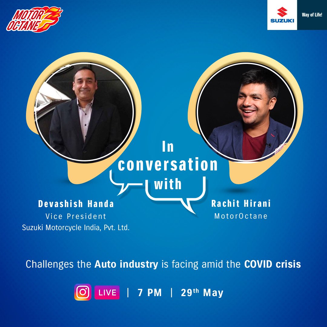 suzuki2wheelers's tweet photo. Join us as we go #LIVE on Instagram to discuss the challenges that the Auto industry faces amid the #COVID crisis, what is being done and what may be the road ahead. Tune in at 7 PM as our Vice President, Devashish Handa speaks with Rachit Hirani from @MotorOctane!
#SuzukiIndia https://t.co/HO6D7cpRfe