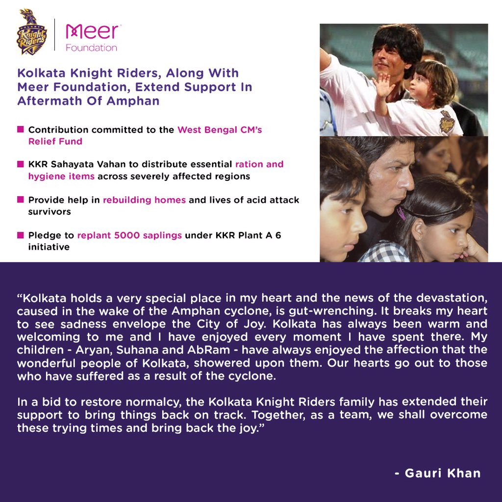 gaurikhan's tweet photo. The devastation caused by cyclone Amphan can be overcome if we stand united and help those in need. @MeerFoundation @KKRiders https://t.co/sU3yiubVP3
