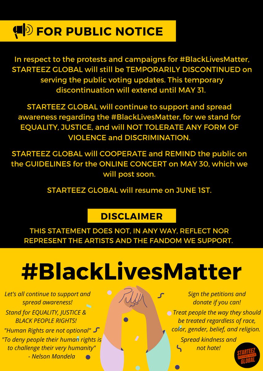 IMPORTANT ANNOUNCEMENTPlease read the notice below.Starting today we'll just LIKE & RT any non-voting updates. We'll also post a guideline for the Online Party tomorrow.Let's SPREAD AWARENESS & SIGN PETITIONS to support  #BlackLivesMatter    #BlackLivesMaterPetitions