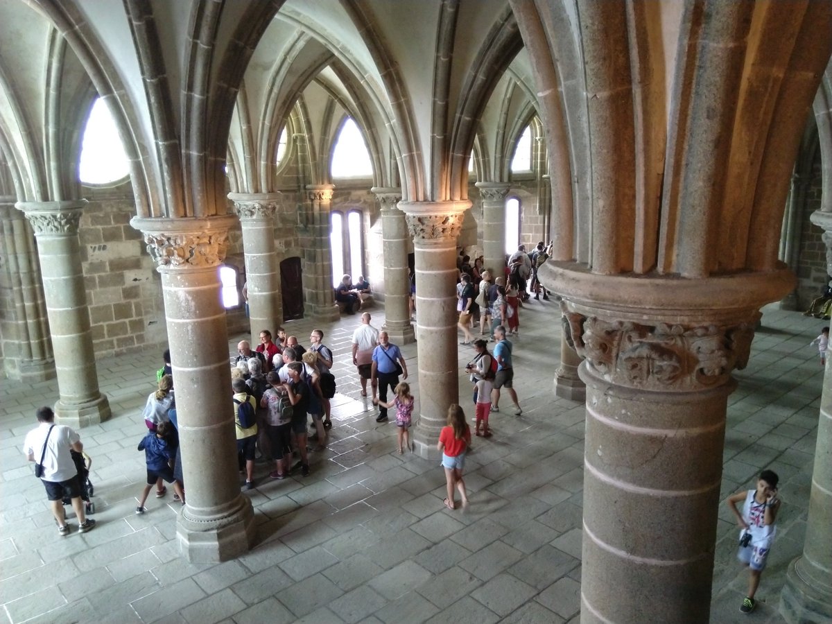 The most famous part of Mont-Saint-Michel is probably the 13thc Gothic building known as the Merveille (marvel). It has three layers comprising cellar & pilgrim hall, the scriptorium (now known as the knights' hall) & dining room, and finally the cloisters and refectory. 13