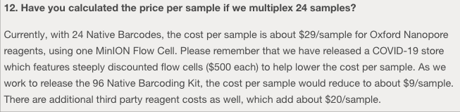 6/ Other innovations continue to lower costs. For instance, multiplexing, which allows multiple samples to be sequenced in a run, is increasing in capacity, thus lowering cost per sample  https://nanoporetech.com/resource-centre/nanopore-sequencing-sars-cov-2-genome-introduction-protocol