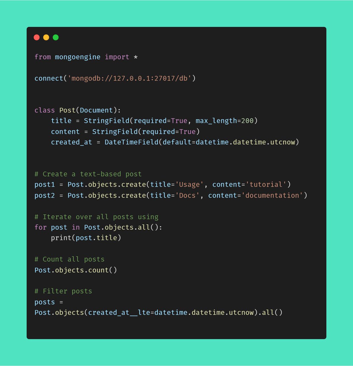 Nicolae_Godina's tweet image. Would you like to develop a python project using MongoDB? You can easily do this with MongoEngine, which is a Python ODM (Object-Document Mapper) that allows you to query MongoDB similar to the Django ORM. 
Docs: mongoengine-odm.readthedocs.io
#Python #mongoengine #MongoDB