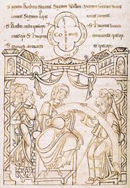 One of the most interesting manuscripts is the 12thc cartulary (Avranches BM MS210), which is, illustrated. There are full page depictions of Aubert receiving his vision of the Archangel, Richard II, and his mother Gunnnor and her very long charter! Images from wiki commons. 17