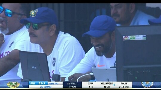 And what happens next ?Rohit again receives a catch in slip of Mahmadullah , Shami bowling ,very soon after the lunch break is over.And this time he catches itYes there are smiles all over & Rohit Sharma points the fielding coach. here is the reaction of fielding coach.