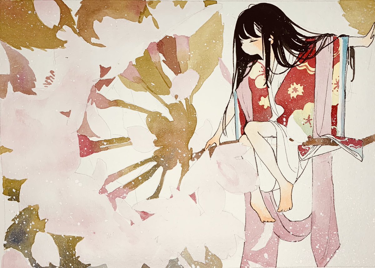 1girl long hair black hair solo closed eyes barefoot flower  illustration images