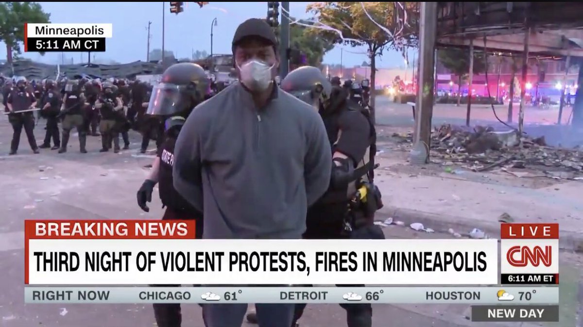 soledadobrien's tweet image. State police in Minnesota arresting Black CNN reporter while he’s on air, in mid-report.
