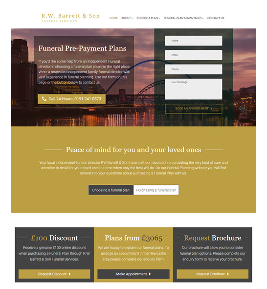 A search for 'funeral plans newcastle' will demonstrate the successful results achieved for our client RW Barrett and Son. The dedicated website receives 4 x as much traffic as typical content within their main website. funeraldirectorwebsites.co.uk/funeral-direct…