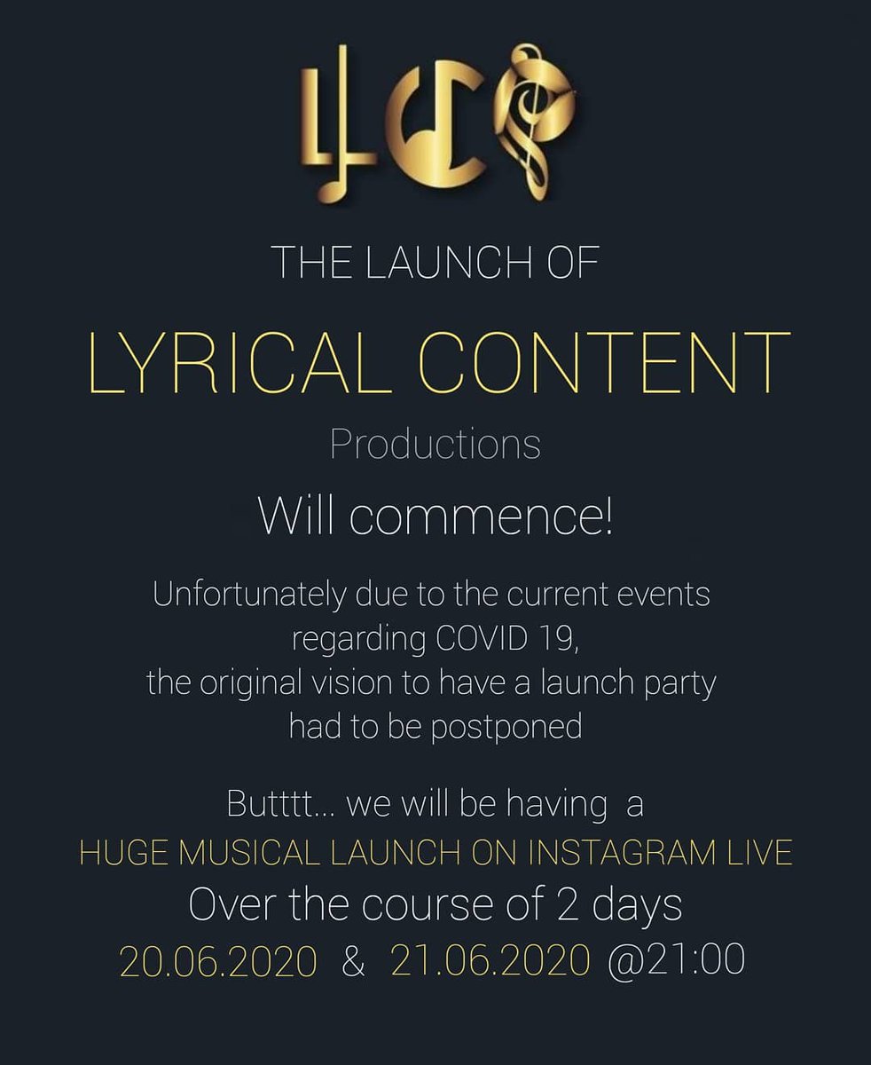 lyricalcontent3's tweet photo. Hey Guys,
 LYRICAL CONTENT PRODUCTIONS
is almost ready to #launch On the 20th/21st June we will be hosting a LIVE Instagram (@lyricalcontentpro) with some AMAZING artists and a break down of exactly what the company is.🚀  I NEED AS MANY OF YOU AS POSSIBLE TO RETWEET THIS✍🏾~Lyric https://t.co/ZlnxWMKQjB