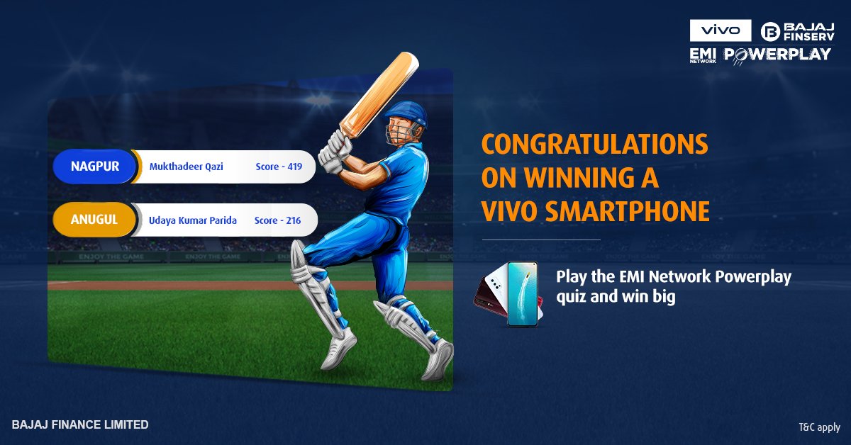 Bajaj_Finserv's tweet photo. Congratulations to the vivo smartphone winners of vivo Bajaj #EMINetwork #Powerplay quiz of 28th May.
Play quick, win big: https://t.co/Il4hfyeHYY @Vivo_India https://t.co/yw2Fp1s2H5