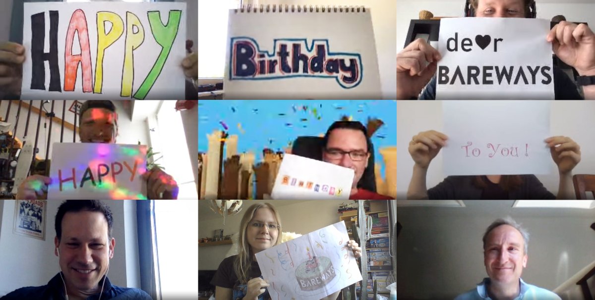 It's our birthday! Bareways is turning one today and we celebrated by singing and holding up signs during our remote standup. 

For more details on our first year, have a look here: tinyurl.com/ybohtean