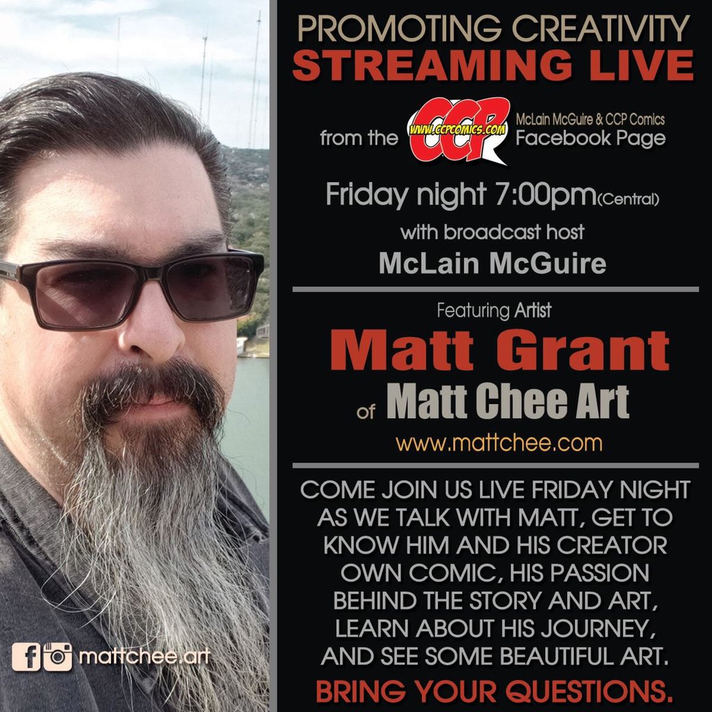 mclainmcguire's tweet photo. Tonight, 7:00pm tune on https://t.co/D22ZMGAGlP or on the CCP Comics page as we go LIVE with creator/writer/artist Matt Grant of Matt Chee Art.

https://t.co/OIDe5tvXUA
https://t.co/4MHwQ2wn54

https://t.co/p8xDA36o3i

Do not miss out on tonights episode. https://t.co/rC2hUqvngK