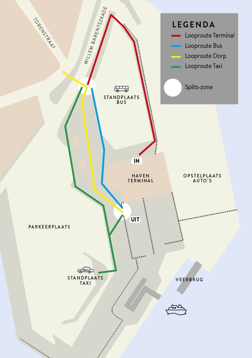 Om gasten en eilanders in staat te stellen 1,5 meter afstand te houden, zijn er looproutes op het haventerrein uitgezet. Wij vragen u om deze routes te volgen en zo kort mogelijk aanwezig te zijn in de splits-zones, dan geeft u anderen de ruimte om veilig te passeren.