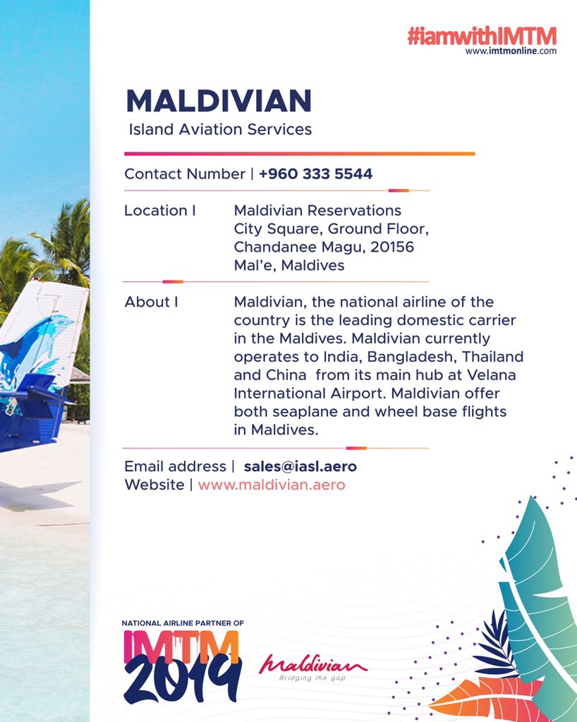 imtmonline's tweet photo. Highlight | @maldivianaero National Airline Partner of IMTM 2019.
.
๐ธ | @maldivianaero
#IMTM #IMTM2019 #LuxuryTravel #iamwithimtm #AffordableTravel #Resorts #Guesthouses #Liveaboards #Hotels #VisitMaldives #maldives #visitmaldiveslater #traveltomorrow https://t.co/1kpTmmUEEY