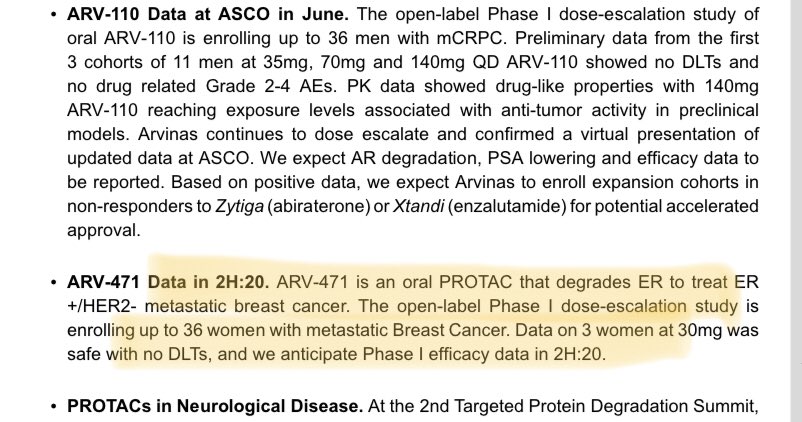 Next  $ARVN catalyst will be the ER degrader data in 2H20, AR471 for ER+/HER2- breast cancer. And unlike prostate data, will need to show real objective ORR rather than soft biomarker like PSA50 (c/o Piper note)