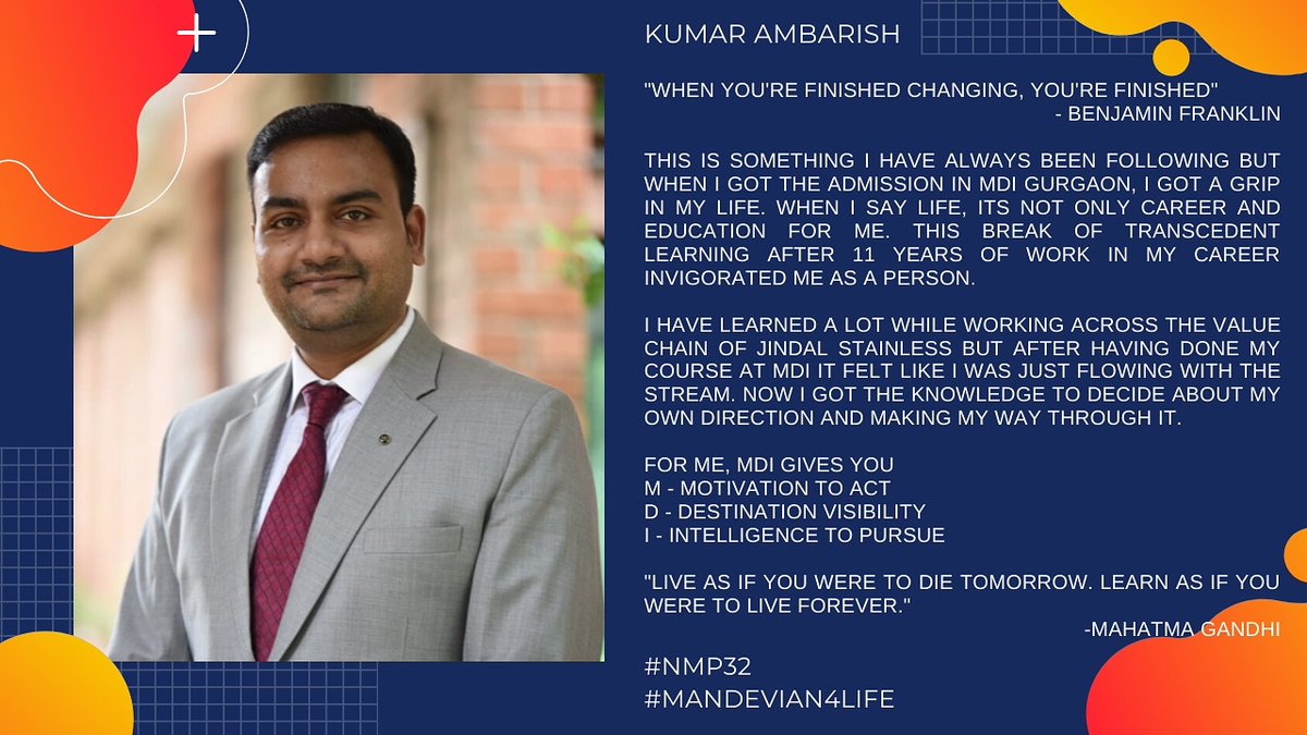 mdinmp's tweet photo. As 32nd batch of NMP is starting a new journey, they look back at their time spent and experience gained at MDI, Gurgaon.
Let's wish them all the best for their future endeavors.
#NMP32
#MDIGurgaon
#MDINMP
#mbalife
#mba
#alumni
#businessschool https://t.co/RbeQ0tQ5DI