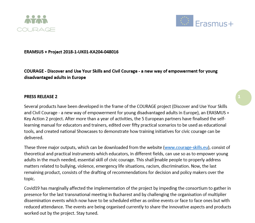 BridgingTTF's tweet photo. The COURAGE project is currently continuing to organise its multiplier events during the ongoing pandemic to share the tools created to empower young disadvantaged adults around Europe. To learn more about the project, please see the attached press release! https://t.co/T8IvY5jkPj